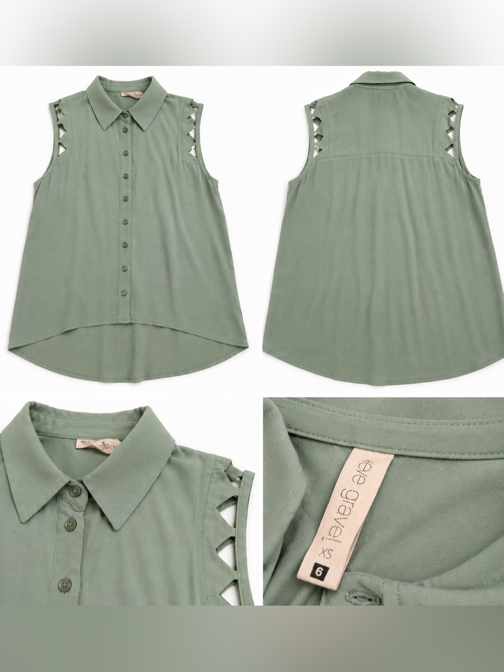 Eve Gravel Minty Green Sleeveless Button-Down Top with Ladder Shoulder Cutouts